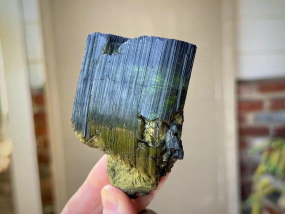 Green Tourmaline with Cat's Eye Iridescence and Rare Curved Formation, 345g, São Jose do Safira, Minas Gerais, Brazil X327