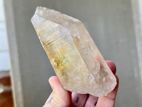 Trigonic Lemurian Quartz with White Kaolinite and Green Chlorite Inclusions, 400g, Rare Find, Minas Gerais, Brazil X713