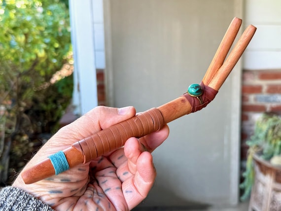 Double Tepi Pipe with Turquoise, Traditional Shamanic Applicator, Handcrafted from Natural Tropical Wood