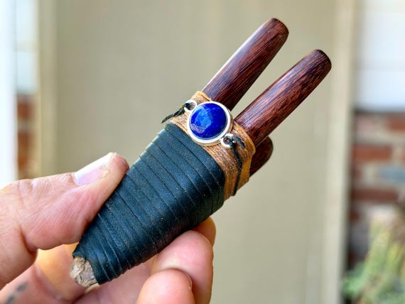 Double Kuripe with Lapis Lazuli, Traditional Shamanic Applicator Pipe, Handcrafted from Natural Tamarind Wood