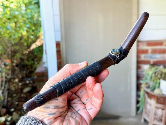 Tepi Pipe with Labradorite, Traditional Shamanic Applicator Pipe, Handcrafted from Dark Tropical Wood