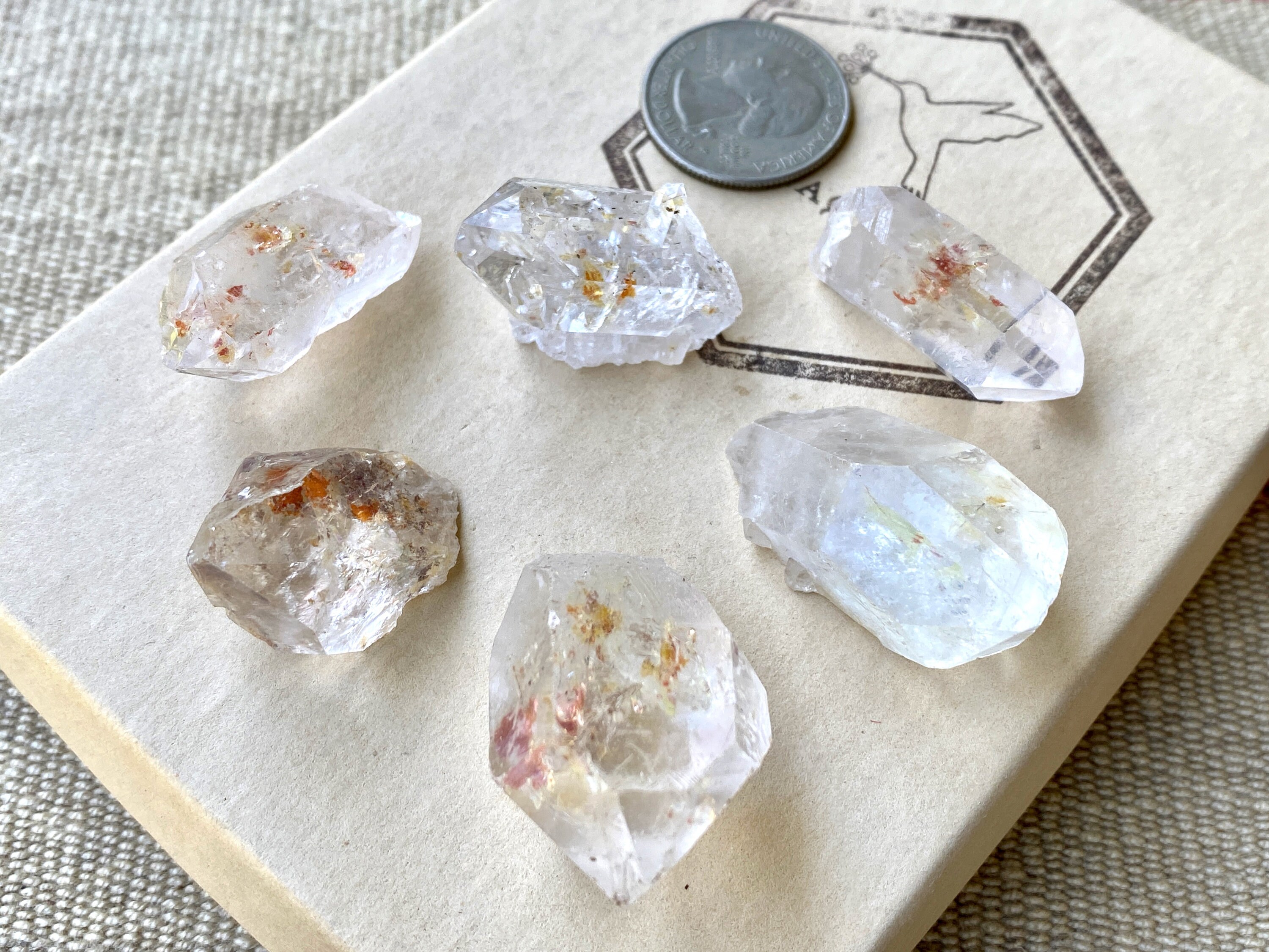 Magnesite Quartz Crystal Lot, 6 Pieces, Water Clear Quartz with Golden and Red Magnesite
