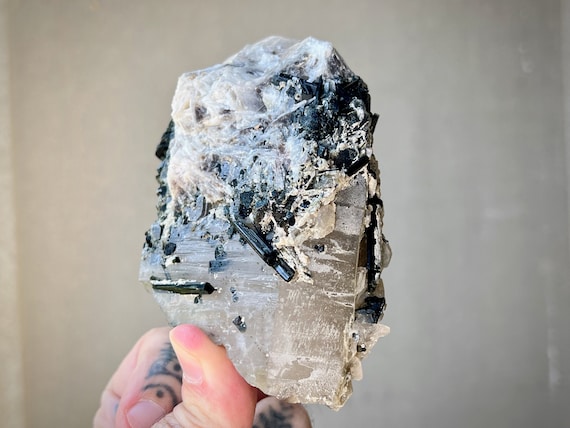 Smoky Quartz with Green Tourmaline & Cleavelandite Inclusions, 467g, Grounding Crystal for Heart Healing, Minas Gerais, Brazil X685