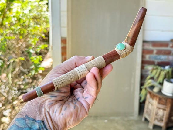 Tepi Pipe with Green Aventurine, Traditional Wood Tepi Pipe, Handcrafted from a Single Piece of Sawo Wood, Shamanic Applicator Pipe