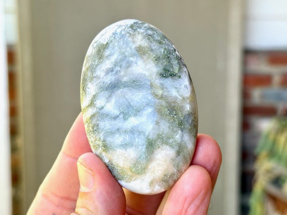 Celadonite & Quartz Palm Stone, Mossy Patterning, 84g, Breath Work, Dreamwork, Angelic Beings, India T196