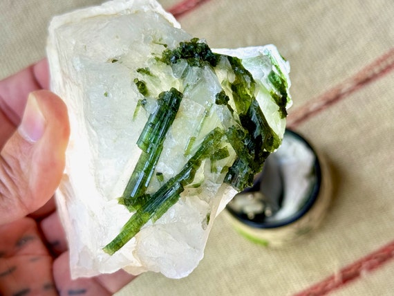Vibrant Green Tourmaline Quartz with Gem Green Tourmaline Inclusions, 466g, Old Find, São José do Safira, Minas Gerais, Brazil W316