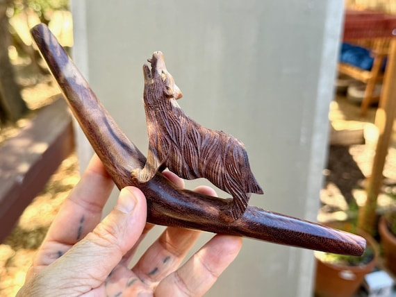Wolf Tepi Pipe, Traditional Wooden Shamanic Applicator, Hand Carved from Solid Tamarind Wood