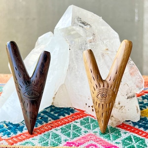 Kuripe, All-Seeing Eye Kuripe in Soid Dark Wood or Teak, Single Block Kuripe, Hand Carved Shamanic Self-Applicator Pipe