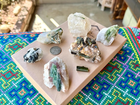 Unicorn Stone Quartz, Green & Blue Tourmaline Lot, 7 pcs (514g), Purification and Aura Protection, Coronel Murta, Minas Gerais, Brazil WS243