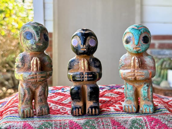 Extraterrestrial Alien Statue with Cactus, Hand Carved from Native Peruvian Serpentine, Onyx & Chrysocolla, Choose ONE of Three