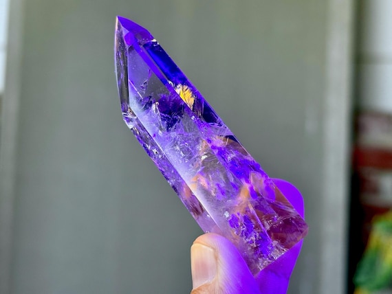 Powellite Phantom Quartz with Ametrine, UV Reactive & Self-Standing, 55g, New Find, Channeling Formation, Bahia, Brazil T241
