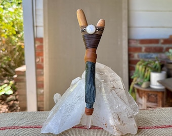 Pipa Kuripe con Piedra Lunar, Cuarzo Lemuriano y Águila de Piedra Tallada, Pipa Aplicadora Chamánica Tradicional