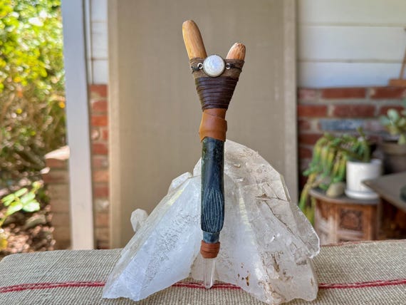 Kuripe Pipe with Moonstone, Lemurian Quartz & Carved Stone Eagle, Traditional Shamanic Applicator Pipe
