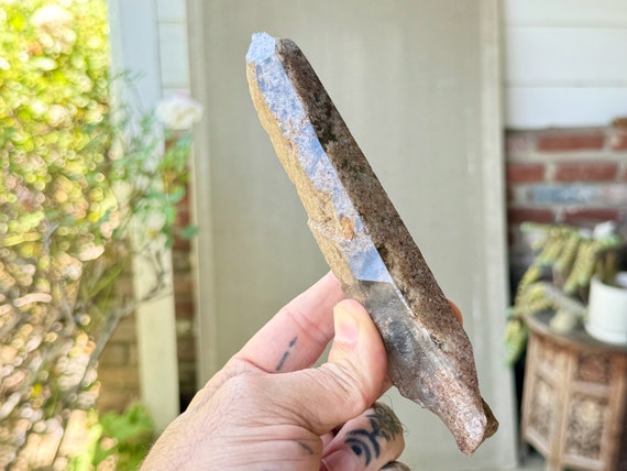 Smoky Lodolite Quartz with Mossy, Pink & Gray Inclusions, New Find, 6.5" Elongated Formation, 248g, Diamantina, Brazil R179