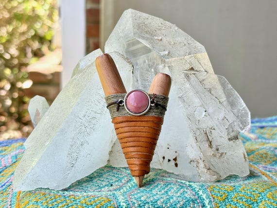 Kuripe with Rhodocrosite, Traditional Shamanic Applicator Pipe, Handcrafted from Natural Cemara Wood