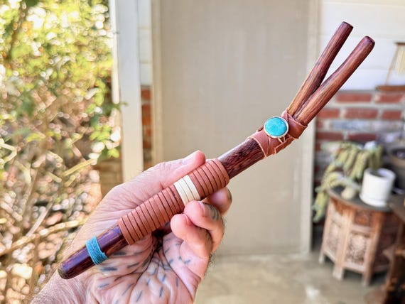 Double Tepi Pipe with Cloud Mountain Turquoise, Traditional Shamanic Applicator Handcrafted from Natural Dark Tamarind Wood