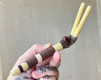 Double Tepi Pipe with Red Tiger's Eye, Handcrafted Light Wood Tepi, Shamanic Applicator Pipe