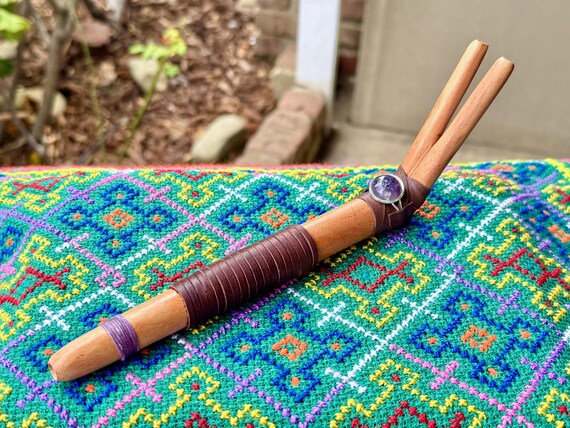 Double Tepi Pipe with Purple Lepidolite, Handcrafted from Natural Sawo Wood, Traditional Shamanic Applicator Pipe