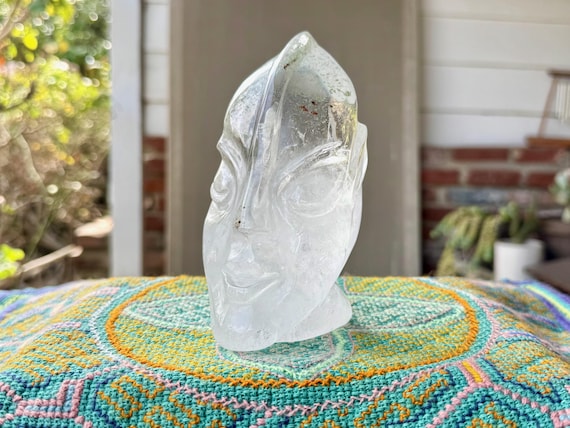 Crystal Alien Head Statue, Self Standing, Hand Carved from Clear Quartz with Green Chlorite, 1.1 Kilo, Minas Gerais, Brazil