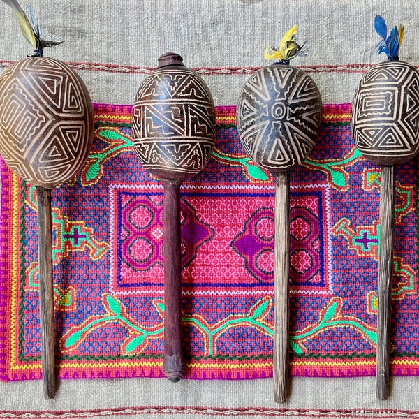 Shaman Gourd Rattle from the Peruvian Amazon, Traditional Shipibo Rattle for Shamanic Ceremony, Made In Iquitos, Peru