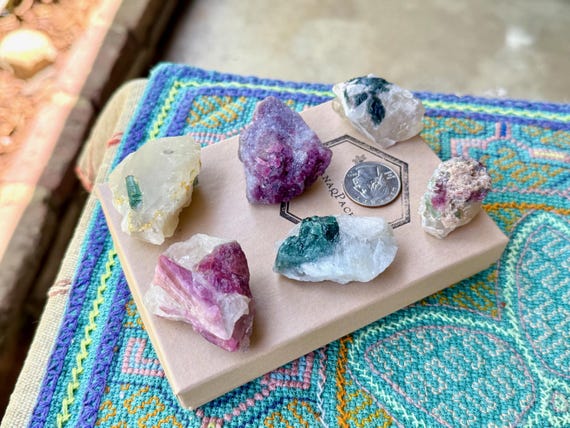 Pink & Green Tourmaline Quartz with Lepidolite, 6 pcs, Unicorn Stone Lot with Vibrant Colors, Minas Gerais, Brazil T126