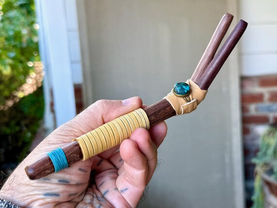 Double Tepi Pipe with Turquoise, Traditional Shamanic Applicator, Handcrafted from Dark Tropical Wood