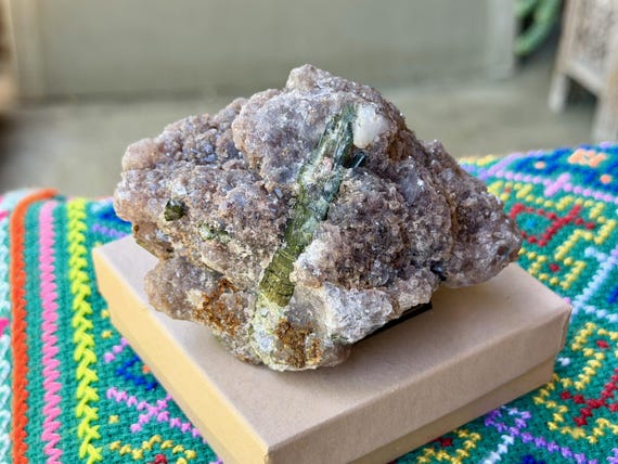 Purple Lepidolite with Green Tourmaline, Self-Standing, Unicorn Stone, 443g, Heart Chakra, Calming Energy, Minas Gerais, Brazil W731
