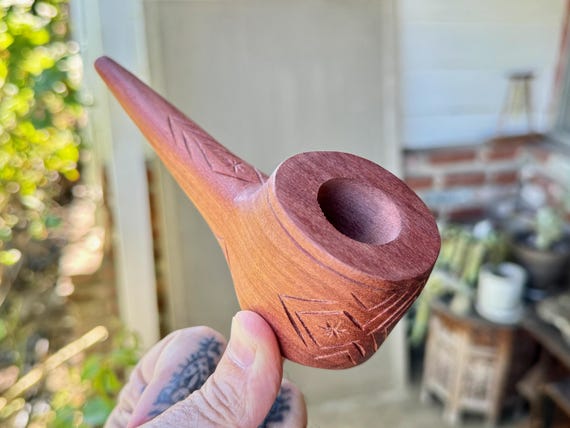 Traditional Mapacho Pipe by Betson Macawashi, Hand Carved Palo Sangre Wood Tobacco Pipe for Shamanic Ceremony, Made in Pucallpa, Peru