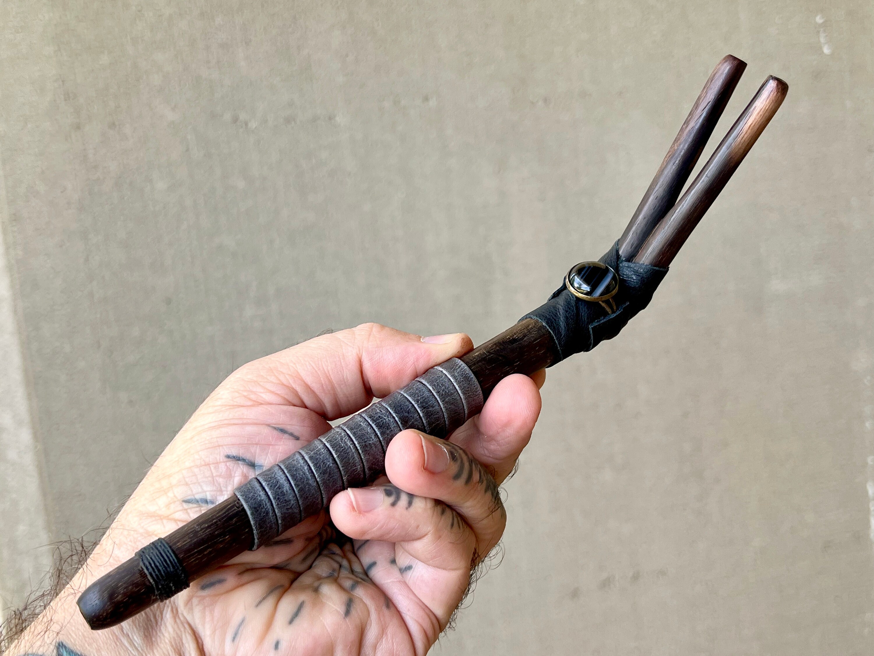 Double Tepi (kuripe) pipe with Black Agate, Solid Wood Tepi, shamanic