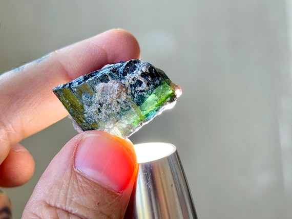 Green Tourmaline with Blue Cap & Lepidolite Inclusion, Aricanga Mine, 31g, Rare Find, Minas Gerais, Brazil S015