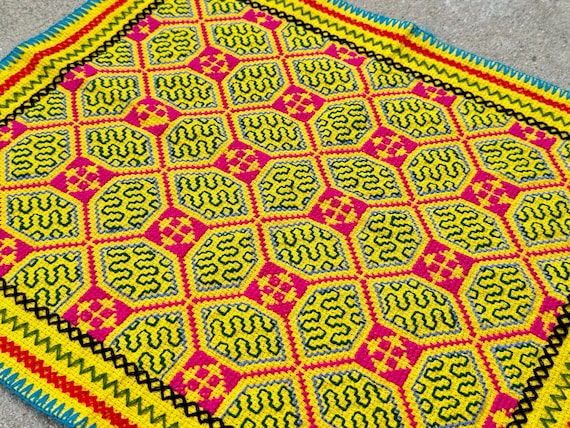 Shipibo Manta Cloth by Peruvian Artist Isabel Franquines, 14" x 17", Embroidered Shamanic Altar Cloth for Plant Medicine Ceremony