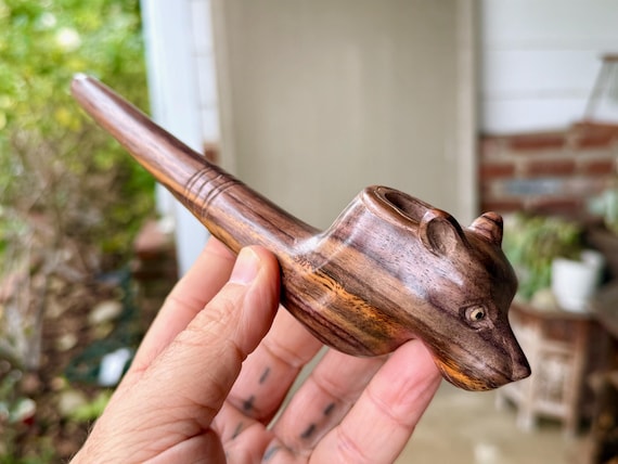 Jaguar Shaman Pipe, Traditional Wooden Tobacco Pipe for Shamanic Ceremony, Hand Carved from Dark Tropical Hardwood