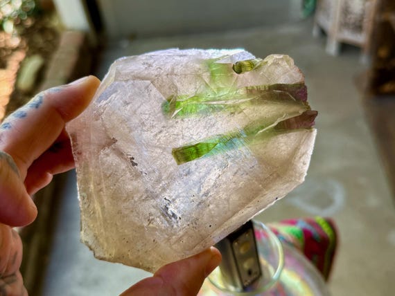 Citrine with Bicolor Tourmaline, Custom Stand, 346g, Manifestation & Heart Healing, Coronel Murta, Minas Gerais, Brazil V308