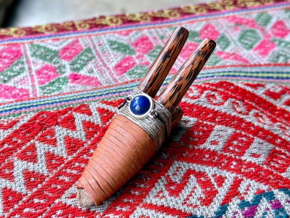 Double Kuripe with Lapis Lazuli, Traditional Shamanic Applicator Pipe, Handcrafted from Coconut Wood