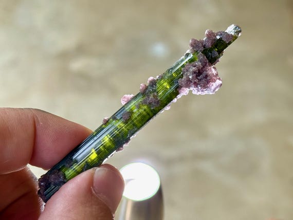 Green Tourmaline with Lepidolite, Aricanga Mine, 16.2g, New Find, Elongated Formation, São Jose do Safira, Minas Gerais, Brazil T575