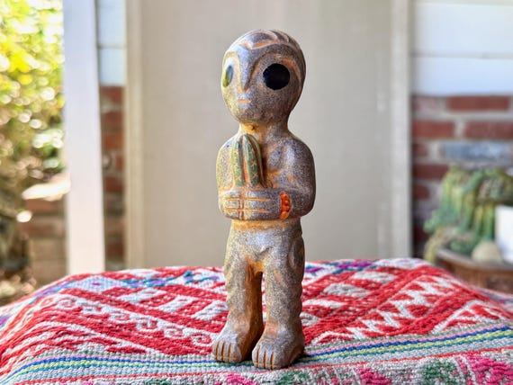 Extraterrestrial Alien Statue with Cactus, Hand Carved from Sacred Mountain Stone in Peru's Sacred Valley