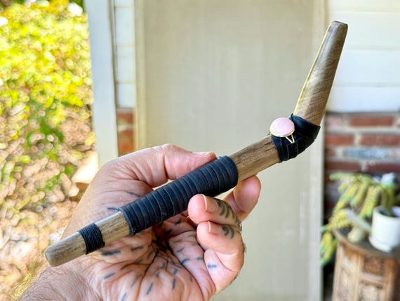 Rose Quartz Tepi Pipe, Traditional Shamanic Applicator Pipe Handcrafted from a Single Piece of Beautifully Grained Majegau Wood