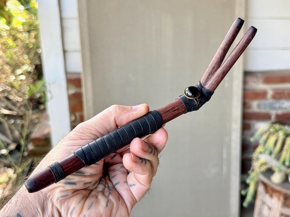 Double Tepi Pipe with Black Onyx, Traditional Shamanic Applicator, Handcrafted from Natural Dark Tamarind Wood