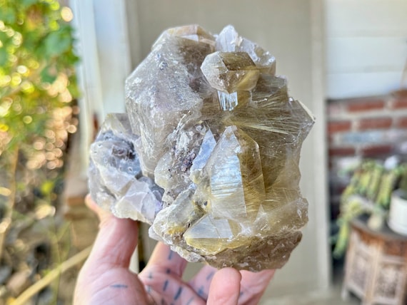 Golden Rutile Smoky Quartz Cluster, 2.3 Kilogram, Self-Standing Grounding Crystal, Minas Gerais, Brazil X823