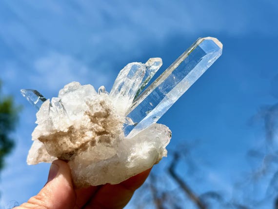 Laser Quartz "Starburst" Cluster, Self-Standing & Water Clear, 217g, Energetic Clearing, Diamantina, Minas Gerais, Brazil W619