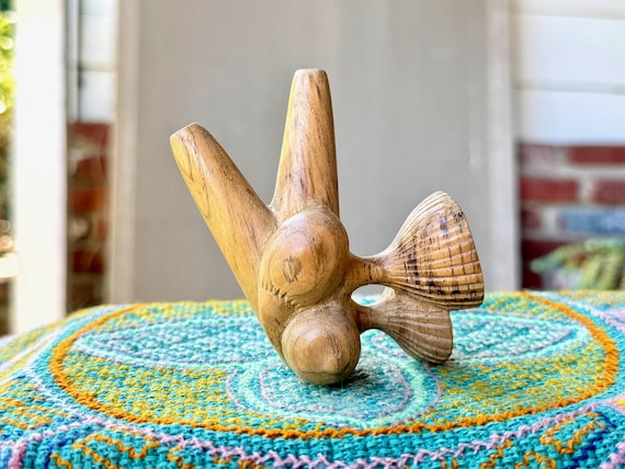 Wood Kuripe - Forest Mushroom Design,  TraditionalShamanic Applicator Pipe, Hand Carved from a Single Piece of Teak Wood