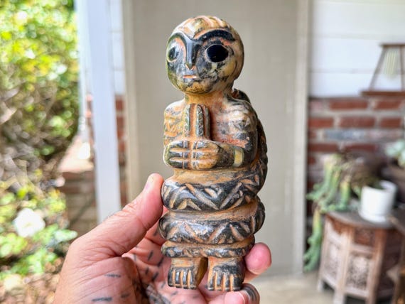 Extraterrestrial Alien Statue with Cactus & Snake, Hand Carved from Sacred Mountain Stone, Handmade in Peru