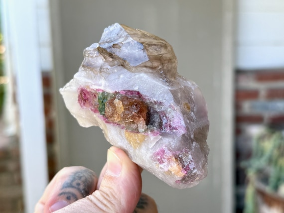 Unicorn Stone Smoky Quartz, Orange, Pink & Green Tourmaline, 234g, Coronel Murta, Minas Gerais, Brazil V253