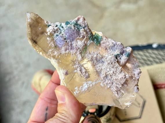 Unicorn Stone Quartz with Colorful Feldspar, Teal Tourmaline and Lepidolite Inclusions, 272g, New Find, São José do Safira, Brazil W521
