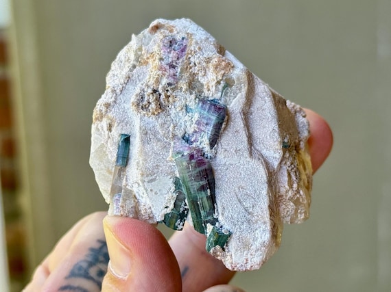 Paraiba Tourmaline in Quartz, Bicolor Pink and Teal Blue Tourmaline, 110g, Old Find, Rio Grande Del Norte, Brazil T131