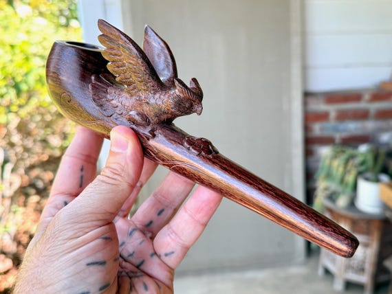 Shaman Owl Pipe, Traditional Wood Tobacco Pipe for Shamanic Ceremony, Hand Carved Ceremonial Pipe
