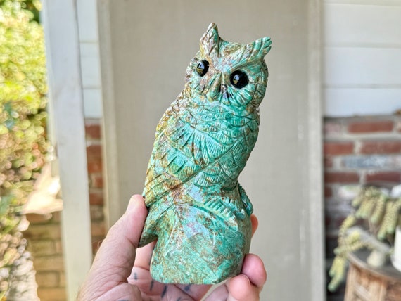 Chrysocolla Owl Statue, Andean Owl Sculpture, Hand Carved from Native Stone from Peru's Sacred Mountains by Jacob Sullka