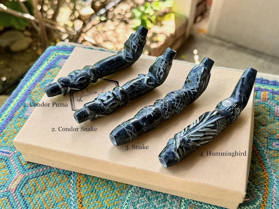 Stone Tepi Pipe, Condor, Puma, Snake & Hummingbird, Shamanic Applicator Pipe, Handmade from Native Serpentine Stone in Peru's Sacred Valley