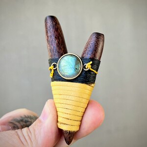Tamarind Wood Kuripe with Labradorite, Handcrafted Single Block Shamanic Self-Applicator Pipe