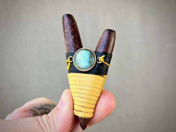 Tamarind Wood Kuripe with Labradorite, Handcrafted Single Block Shamanic Self-Applicator Pipe